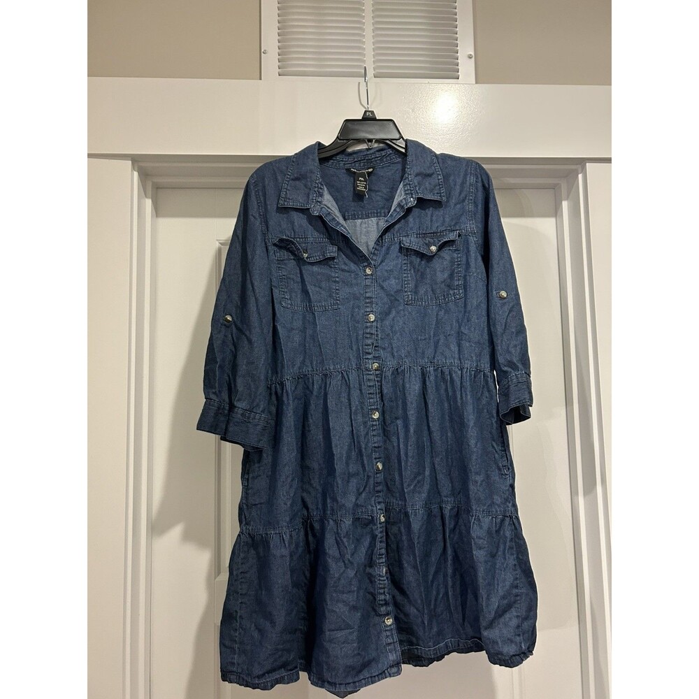 Denim Chambray Button Front tiered Shirt Dress Blue Petite XL Modest Teacher